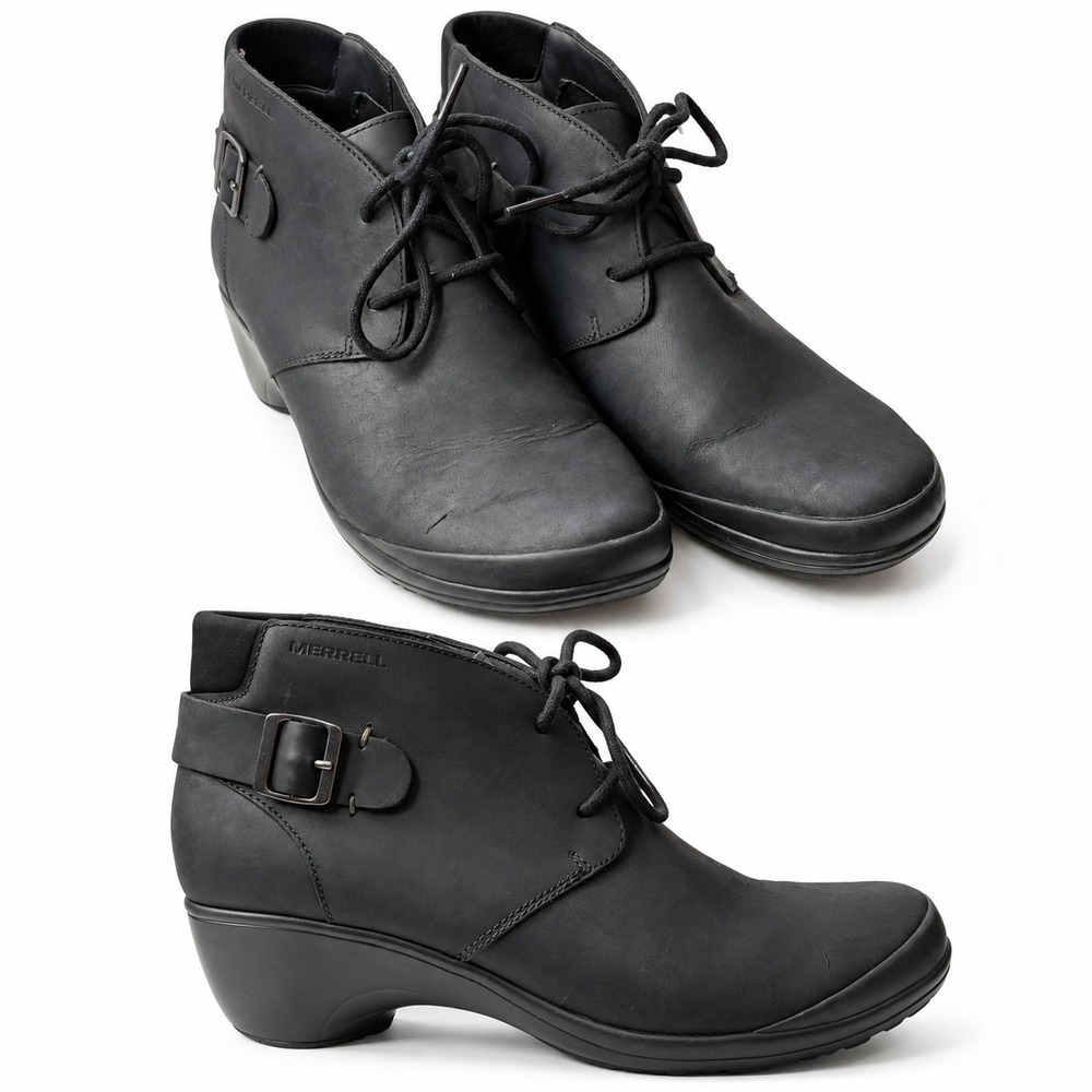 MERRELL Veranda Lace-Up Ankle Bootie Womens Sz 9 Black Suede Leather Minimalist